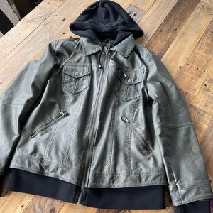 Bagatelle faux-leather look layered hooded jacket. Black-olive in size large.